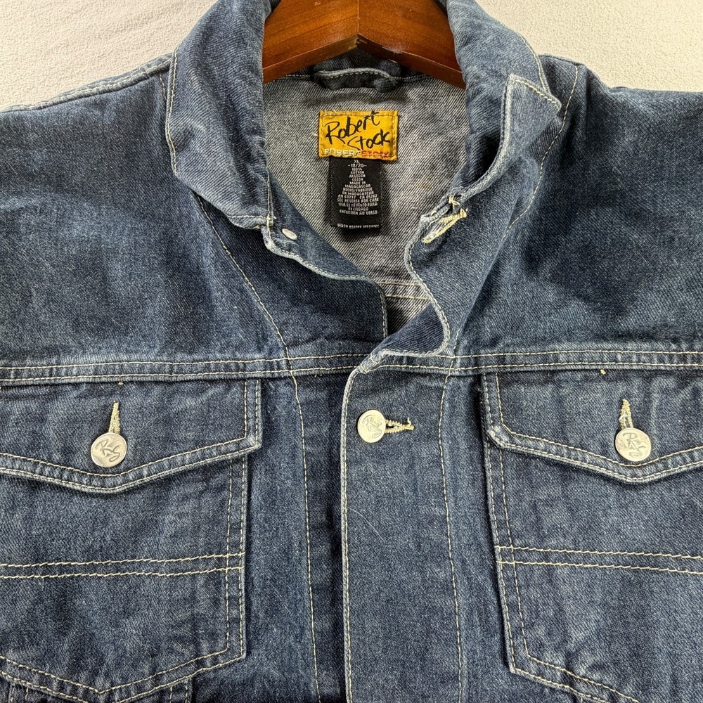Robert Stock Denim Jacket Mens XL Blue Trucker Boxy 90s Y2K Graphic - Picture 6 of 10